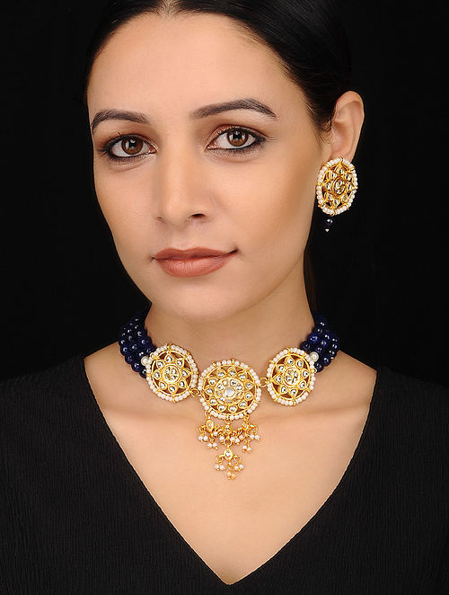 Blue Gold Tone Kundan Necklace with Earrings (Set of 2)