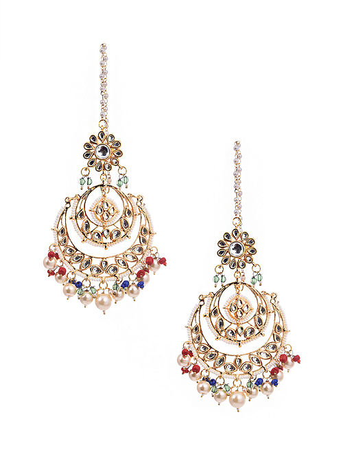 Multicolored Gold Tone Kundan Earrings with Pearls