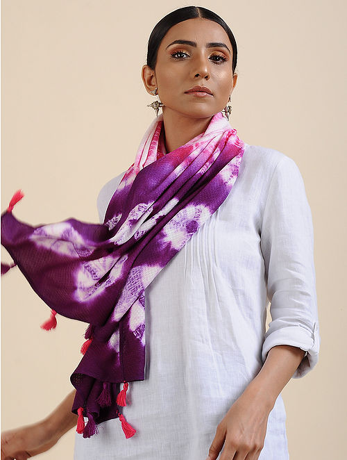 Buy Purple-Pink Shibori dyed Organic Eucalyptus Fiber Stole Online at 