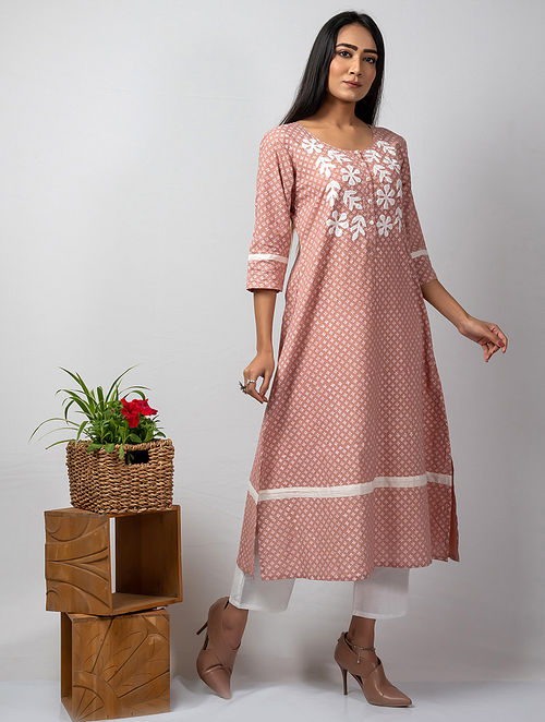 Buy Pink Block Printed Cotton Kurta with White Applique Online at ...