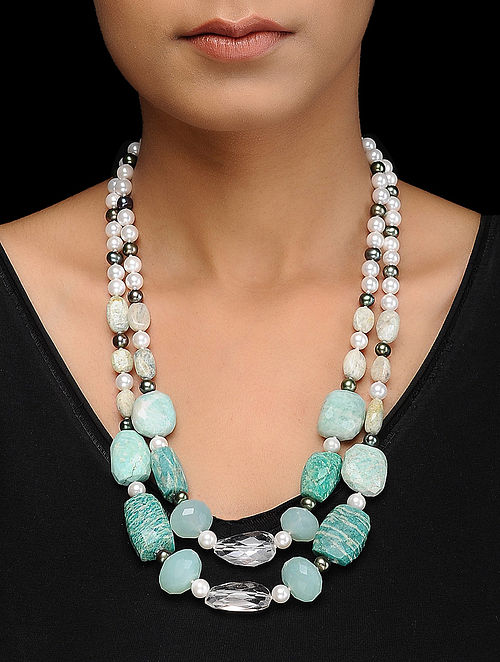 Amazonite and Calci Silver Necklace with Fresh Water Pearls