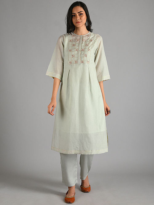 Buy Pista Hand Embroidered Cotton Silk Kurta with Zari Details and ...