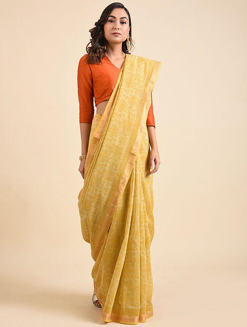Buy Yellow Block Printed Maheshwari Cotton Saree with Zari Online at ...