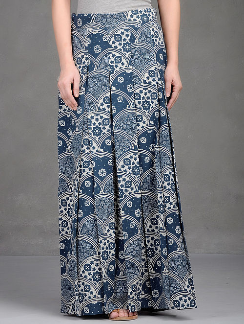 Indigo-Beige Ajrakh Printed Pleated Cotton Long Skirt