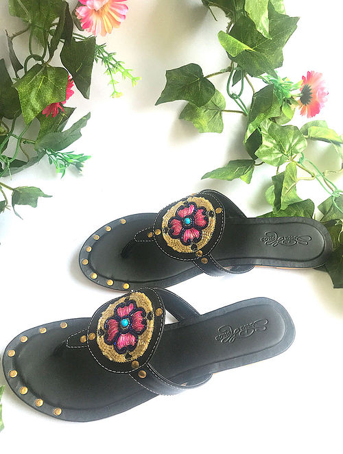 Black Hand-Embroidered Vegan Leather Flats