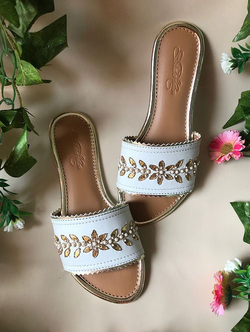 White-Gold Handcrafted Embroidered Flats with Gota Patti