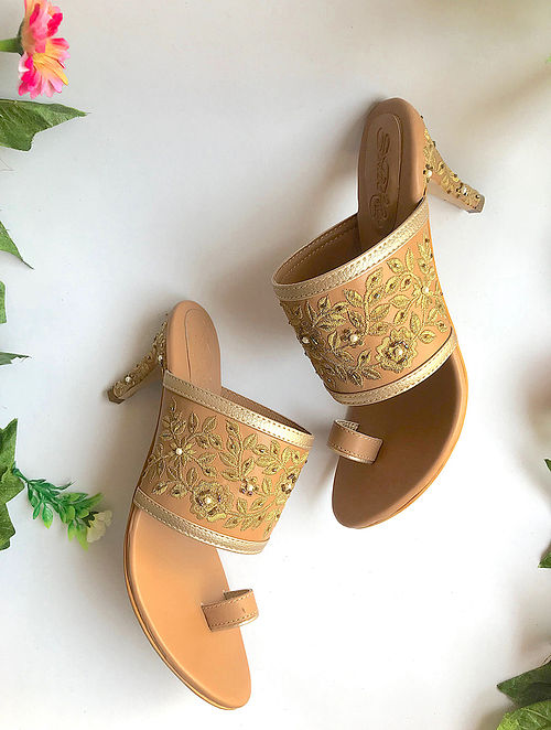 Buy Nude-Gold Handcrafted Embroidered Heels with Pearl Beads Online at ...
