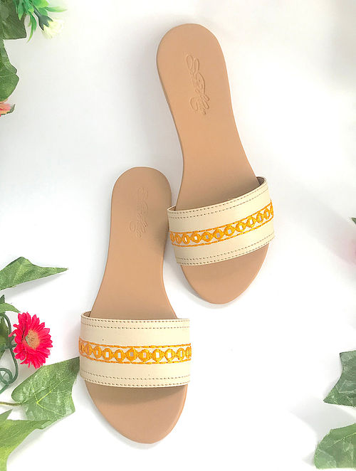Cream-Orange Embroidered Leather Flats with Mirror Work