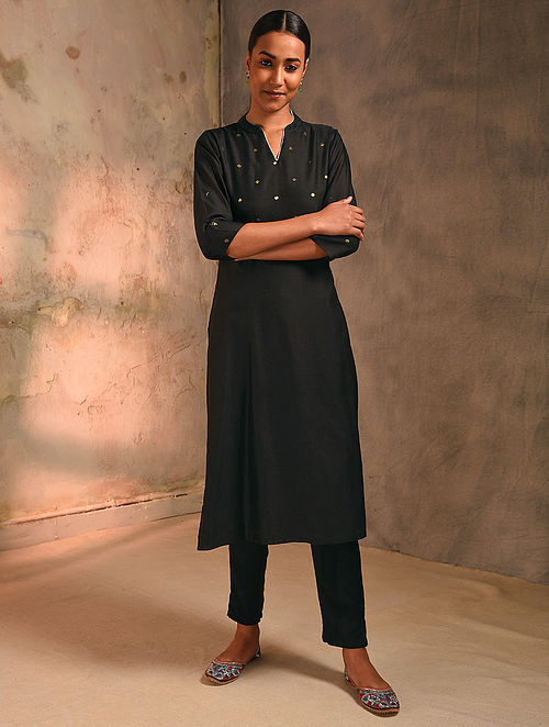 Buy Black Zari Booti Silk Cotton Kurta with Lining Online at Jaypore.com