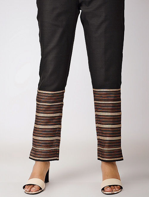 Black Striped Tie-up Waist Cotton Pants