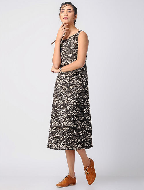 Black-Ivory Block-Printed Cotton Dress with Pockets