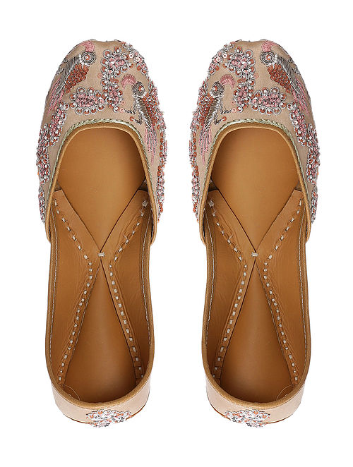 Pink Hand-Embroidered Silk and Leather Juttis