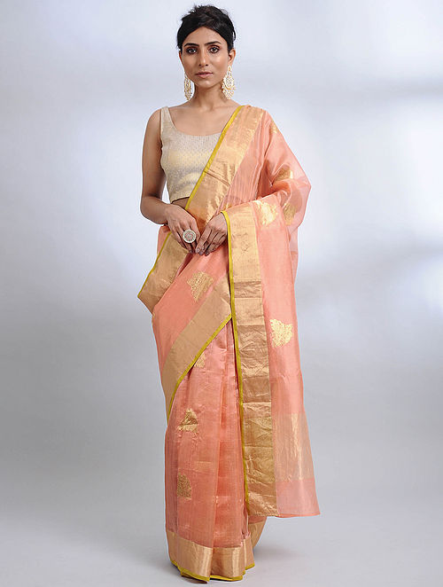 Buy Peach Handwoven Pranpur Mulberry Silk Saree Online at Jaypore.com