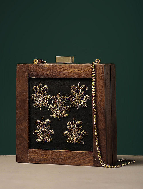Brown-Black Embroidered Wooden Clutch