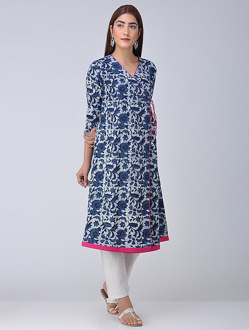 Buy Indigo-Pink Bagru Printed Cotton Angrakha Kurta Online at Jaypore.com