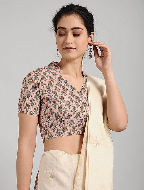 Buy Pink-Grey Block-printed Cotton Blouse Online at Jaypore.com