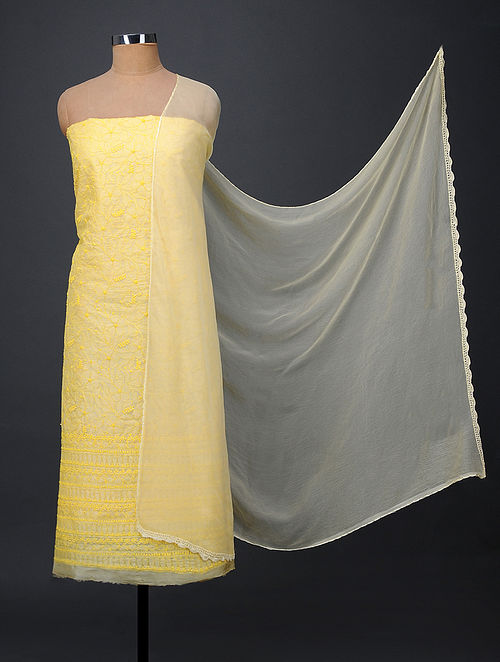 Yellow Chikankari Tussar Silk Suit Fabric