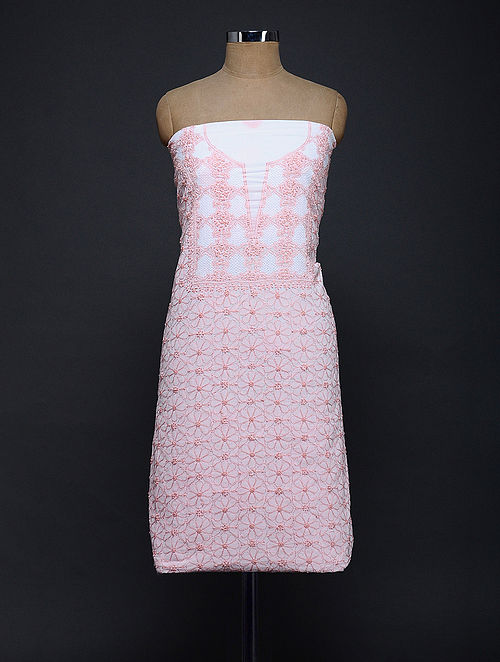 Ivory-Pink Chikankari Cotton Kurta Fabric