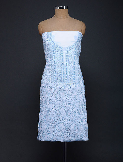 Ivory-Blue Chikankari Cotton Kurta Fabric