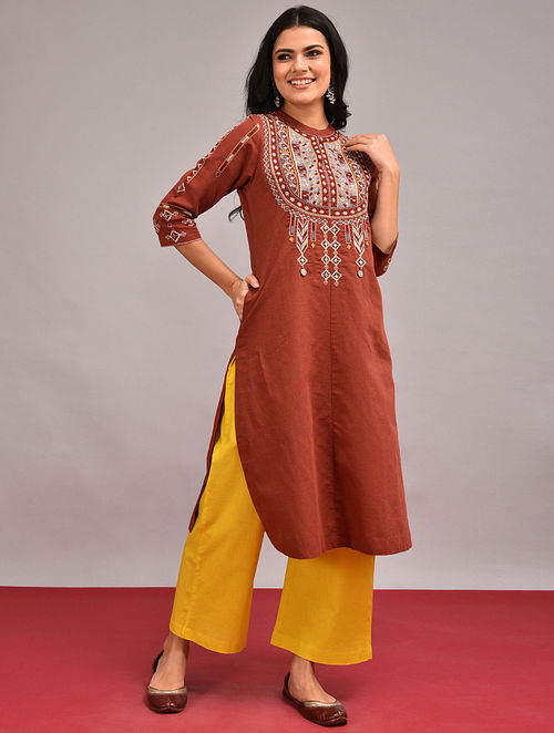 Buy PANWAR - Rust Embroidered Cotton Linen Kurta Online at Jaypore.com