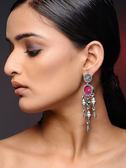 Pink Glass Tribal Silver Earrings