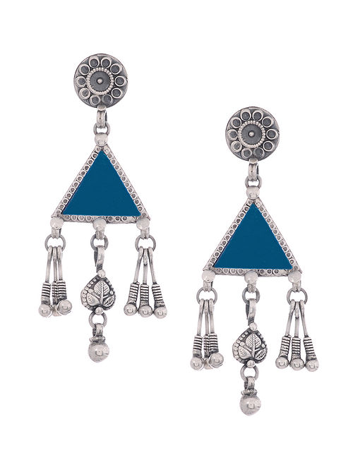 Blue Glass Tribal Silver Earrings