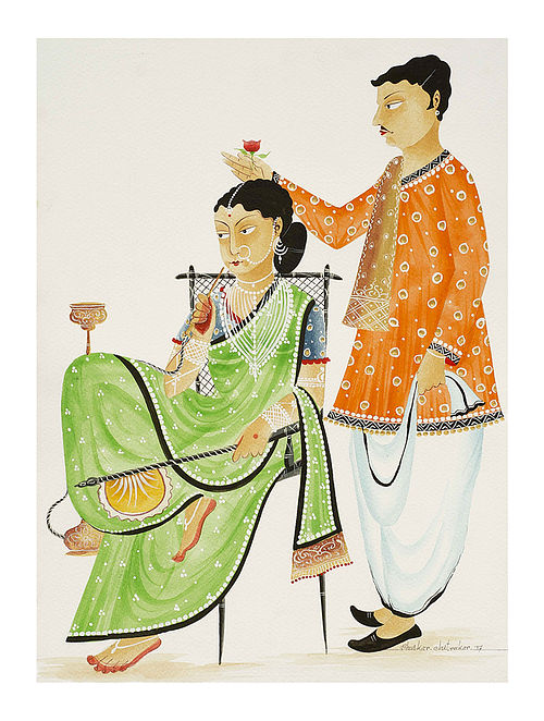 Limited Edition Kalighat Pattachitra "Babu-Bibi" Digital Print on Paper - 8.25in x 11.6in