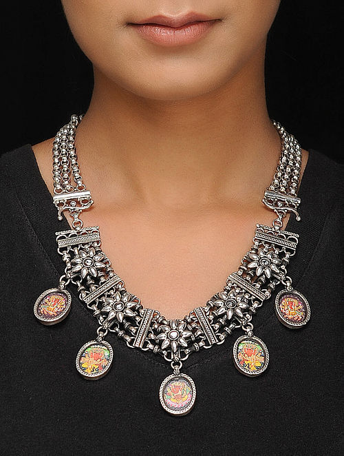 Multicolored Tribal Silver Necklace with Hand-painted Deity Motif