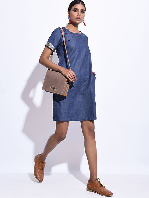 Blue Denim Hand-embroidered Dress with Pockets
