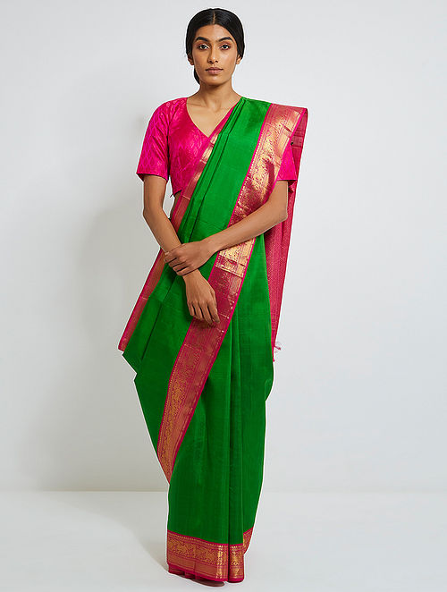 Buy Green-Pink Kanjivaram Silk Saree Online at 