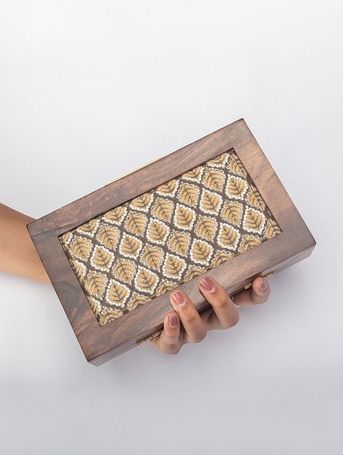 Grey Handcrafted Printed Wooden Frame Clutch