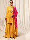 Yellow and Pink Crepe Foil Printed Anarkali Kurta with Sharara and Dupatta