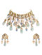 Green Blue Gold Tone Kundan Beaded Necklace With Earrings