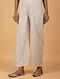 Beige Cotton Flax Straight Pants with Pittan Work