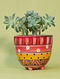 Red And Yellow Handpainted Ceramic Geometric Corl Red Planter (D- 4.75in, H- 5in)