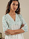 White and Leafy Green Block Printed Slub Cotton Kurta with Lace Detailings