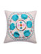 Multicolor Embroidered Cotton Cushion Cover with Turquoise Pom Pom (L - 17.5in, W - 17in)