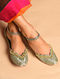 Green Handcrafted Zari Work Leather Juttis with Ghungroos