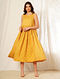 Mustard Discharge Print Cut Sleeves Cotton Dress with Gathers