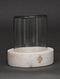 White Marble and Glass Candle Holder with Handcrafted Brass Inlay