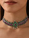 Pink Green Silver Tone Tribal Choker Necklace With Earrings (Set of 2)
