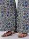 Blue-Beige Elasticated-waist Block-printed Cotton Palazzos