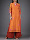 Orange-Pink V-neck Chanderi Kurta with Silk Patchwork