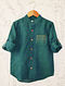 Green Mandarin Collar Linen Shirt with Detail Embroidery on Pocket