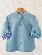 Blue Mandarin Collar Linen and Ikat Cotton Shirt