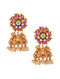 Green Pink Gold Tone Temple Work Earrings with Pearls