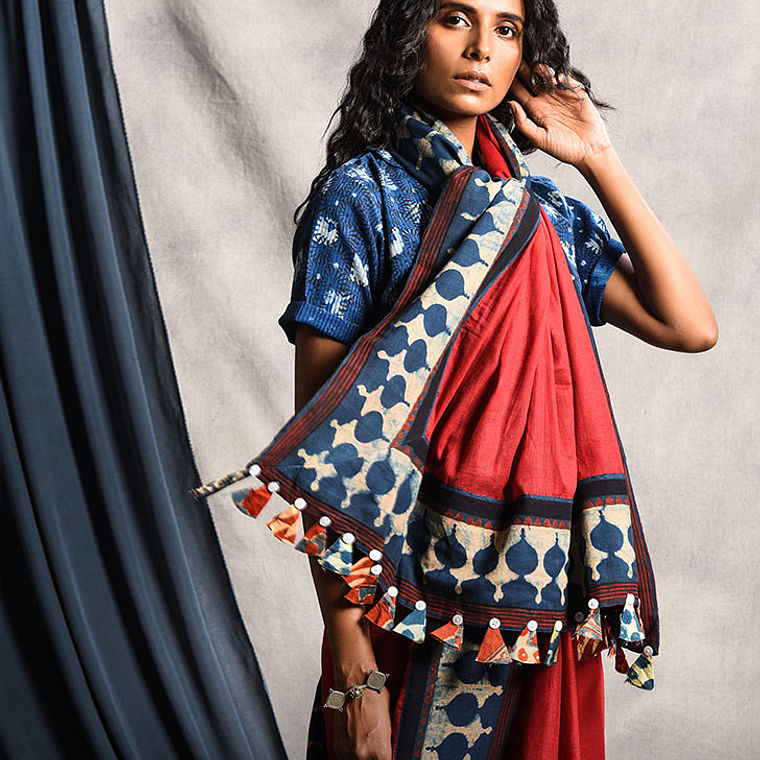 Buy Earth Song Vraj:Bhoomi One-of-a-kind ajrakh prints and pretty tassels  on natural-dyed cotton sarees Online at Jaypore.com