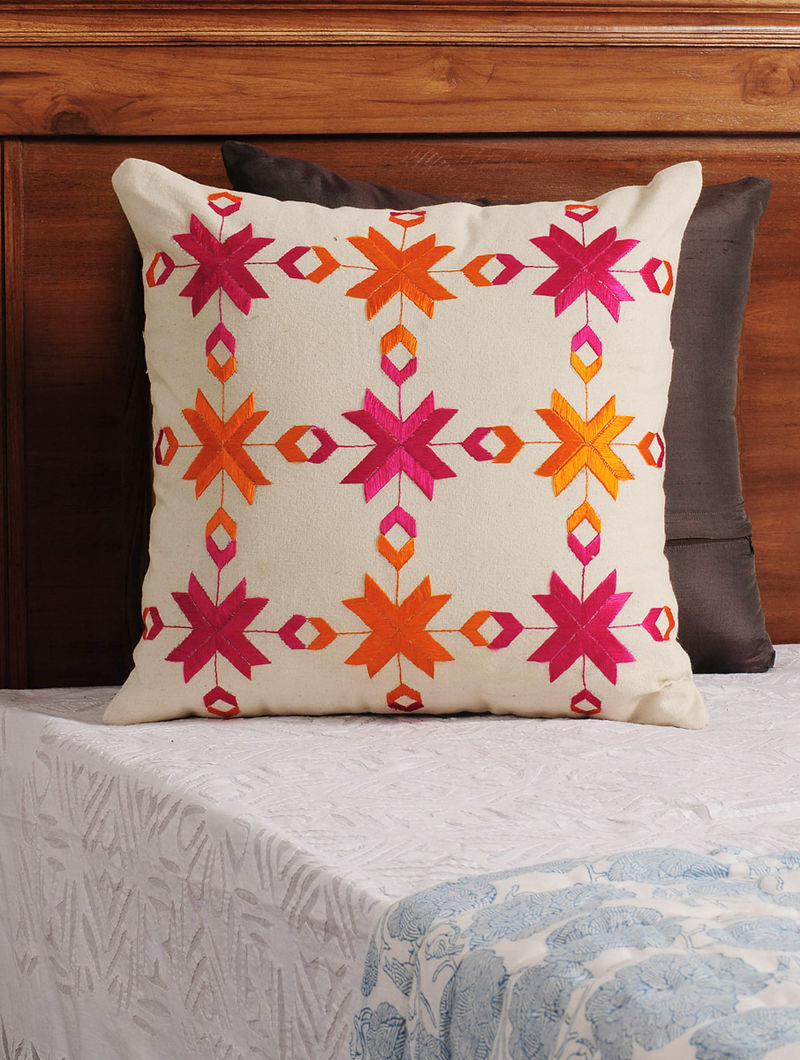 Cream - Fuschia - Orange Phulkari Embroidered Cotton Cushion Cover 16in X 16in
