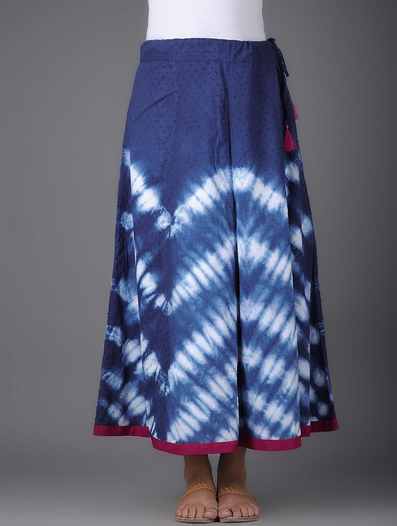 Indigo-White Shibori-dyed Tie-up Waist Cotton Maxi Skirt