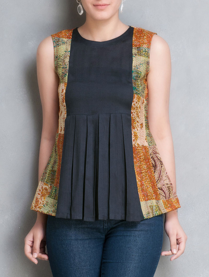 Multi-Colour Kantha Embroidered Pleated Sleeveless Cotton-Silk Top by Simply Kitsch